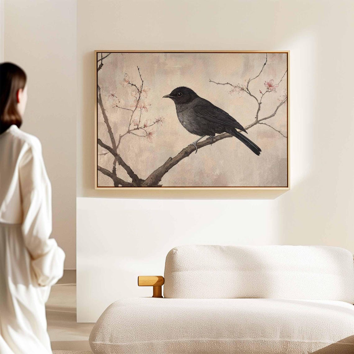 Black Bird on Cherry Blossom Branch Japanese Style Painting Poster - Image 2