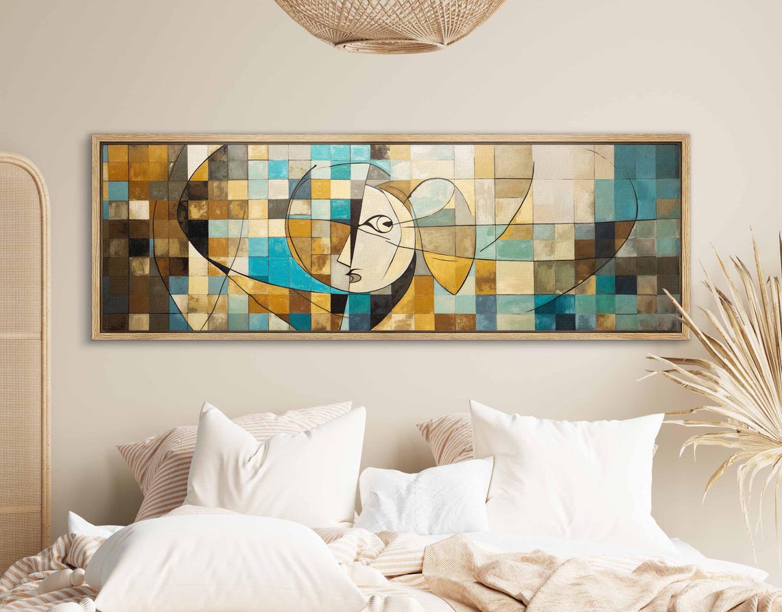 Cubist Mosaic Abstract Face Checkered Teal Ochre Panoramic Art Print - Image 2