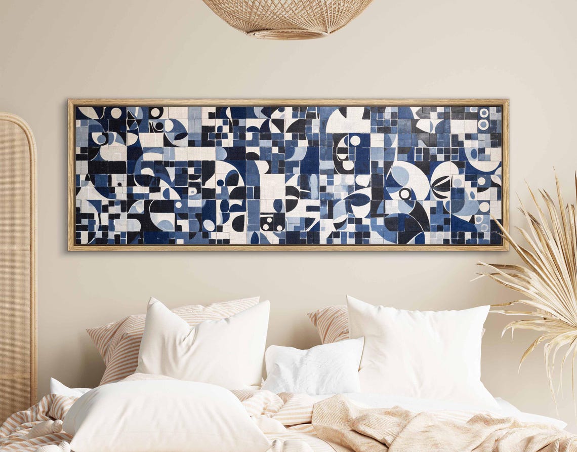 Mid Century Modern Wall Art Framed Horizontal Geometric Modern Wall Art Panoramic Above Bed Decor Boho Wall Art Large Wide Wall Art - Image 2