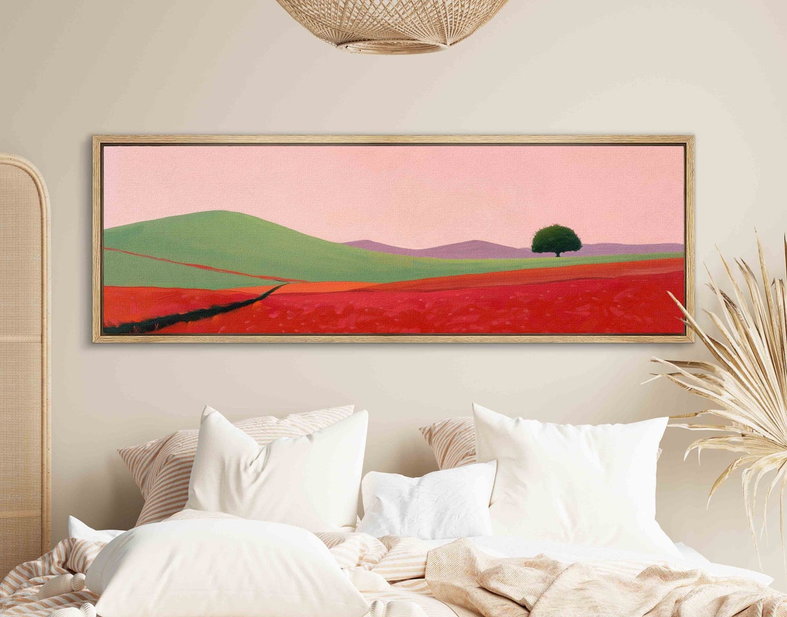 Minimalist Red Field Green Hills Pink Sky Panoramic Framed Art Print - Image 3