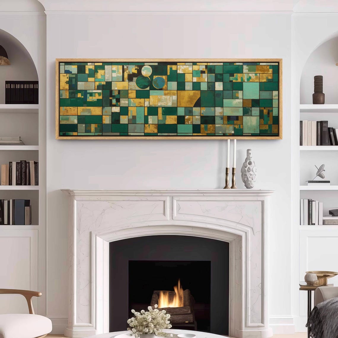 Emerald Green Gold Geometric Mosaic Grid Panoramic Framed Art Print - Image 3