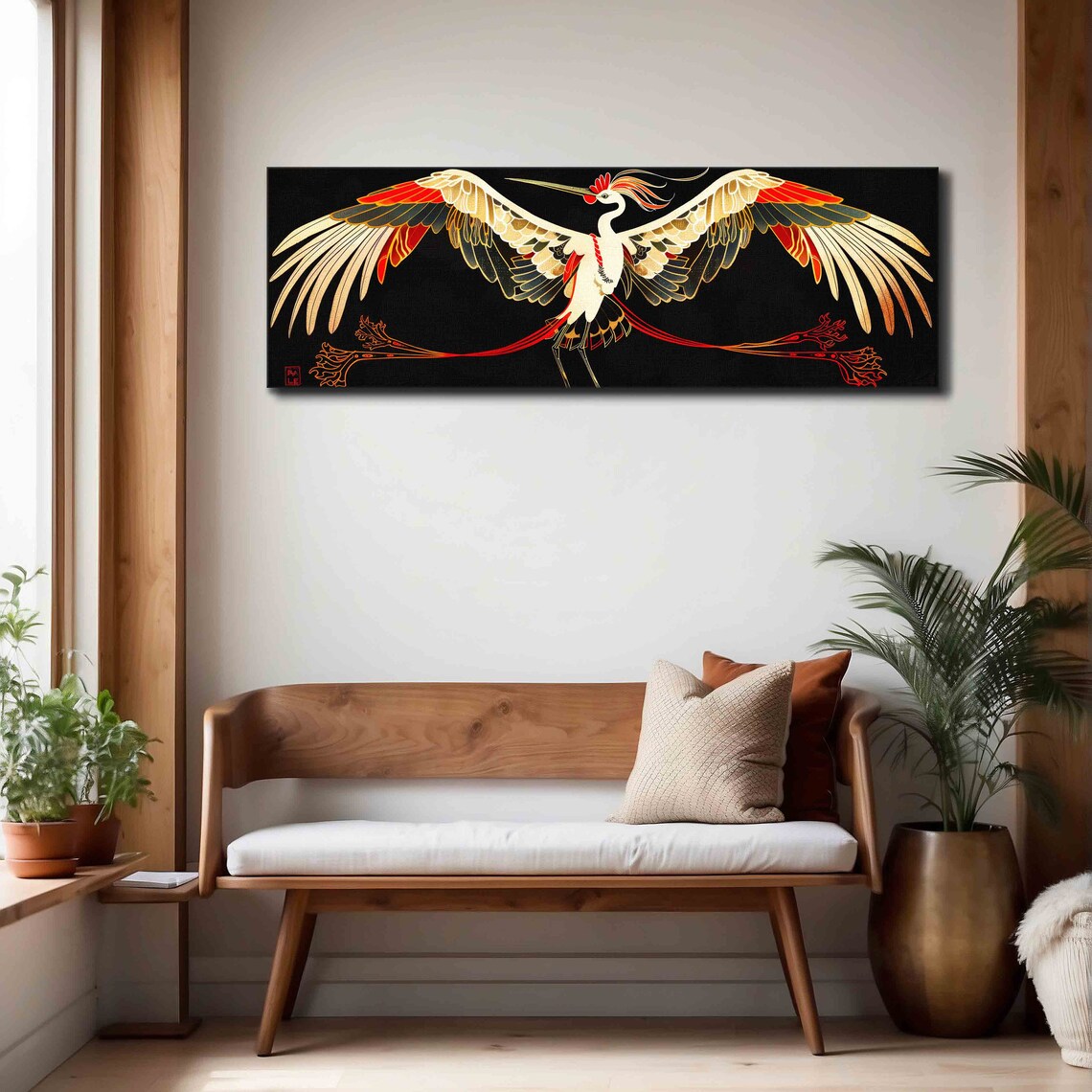 Art Nouveau White Crane Spread Wings Black Gold Decorative Wall Art - Image 4