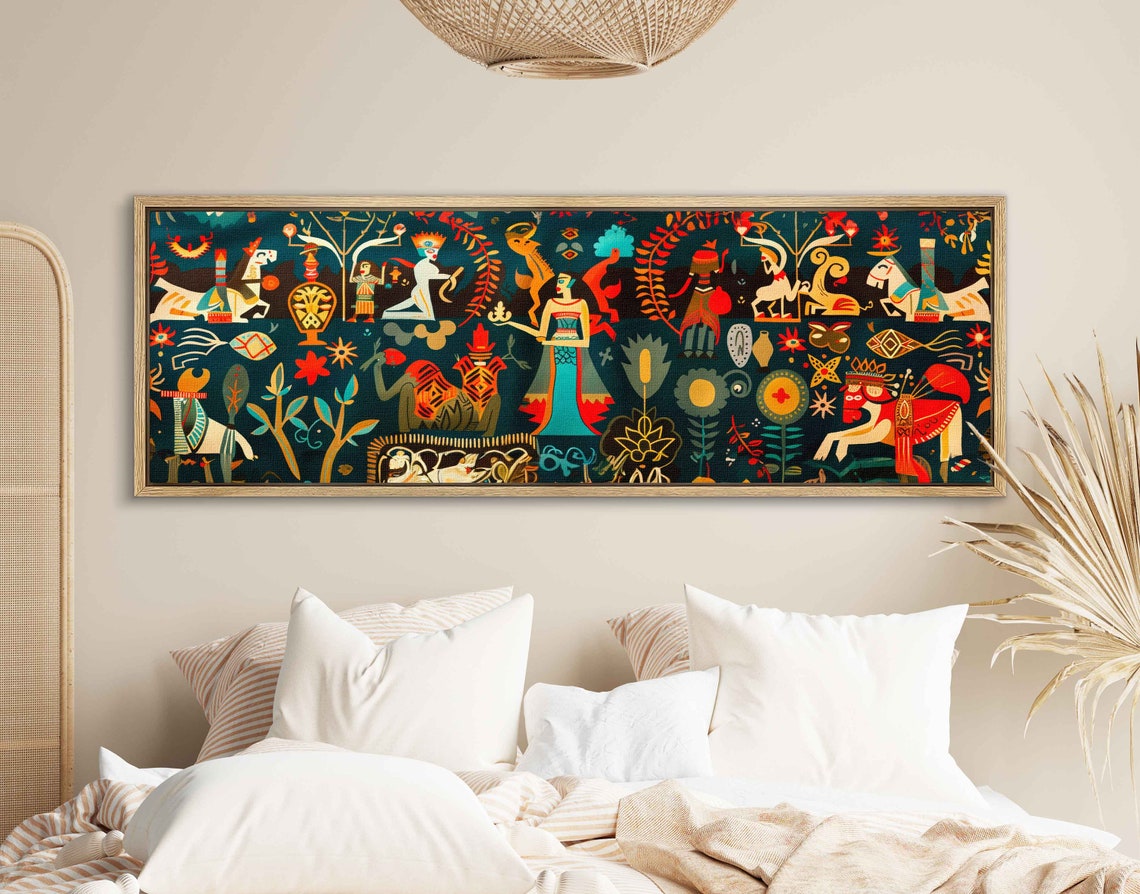 Folk Art Tapestry Stylized Figures Horses Teal Panoramic Art Print - Image 2