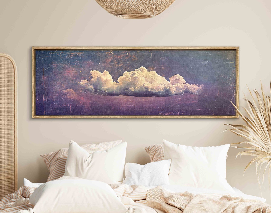 Single White Cloud on Vintage Purple Sky Textured Panoramic Wall Art - Image 2