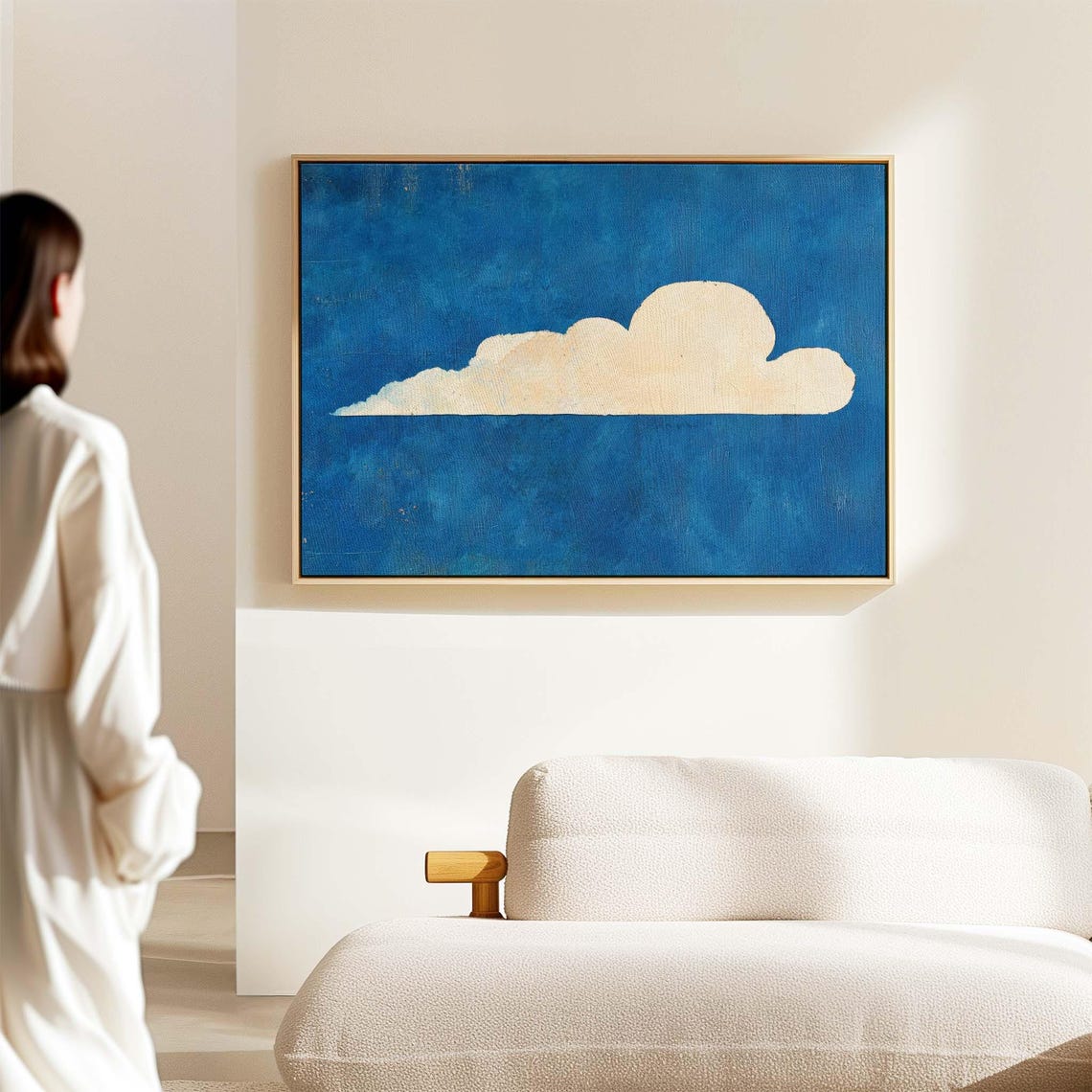 Single White Cloud on Bright Blue Sky Minimalist Abstract Wall Art - Image 2