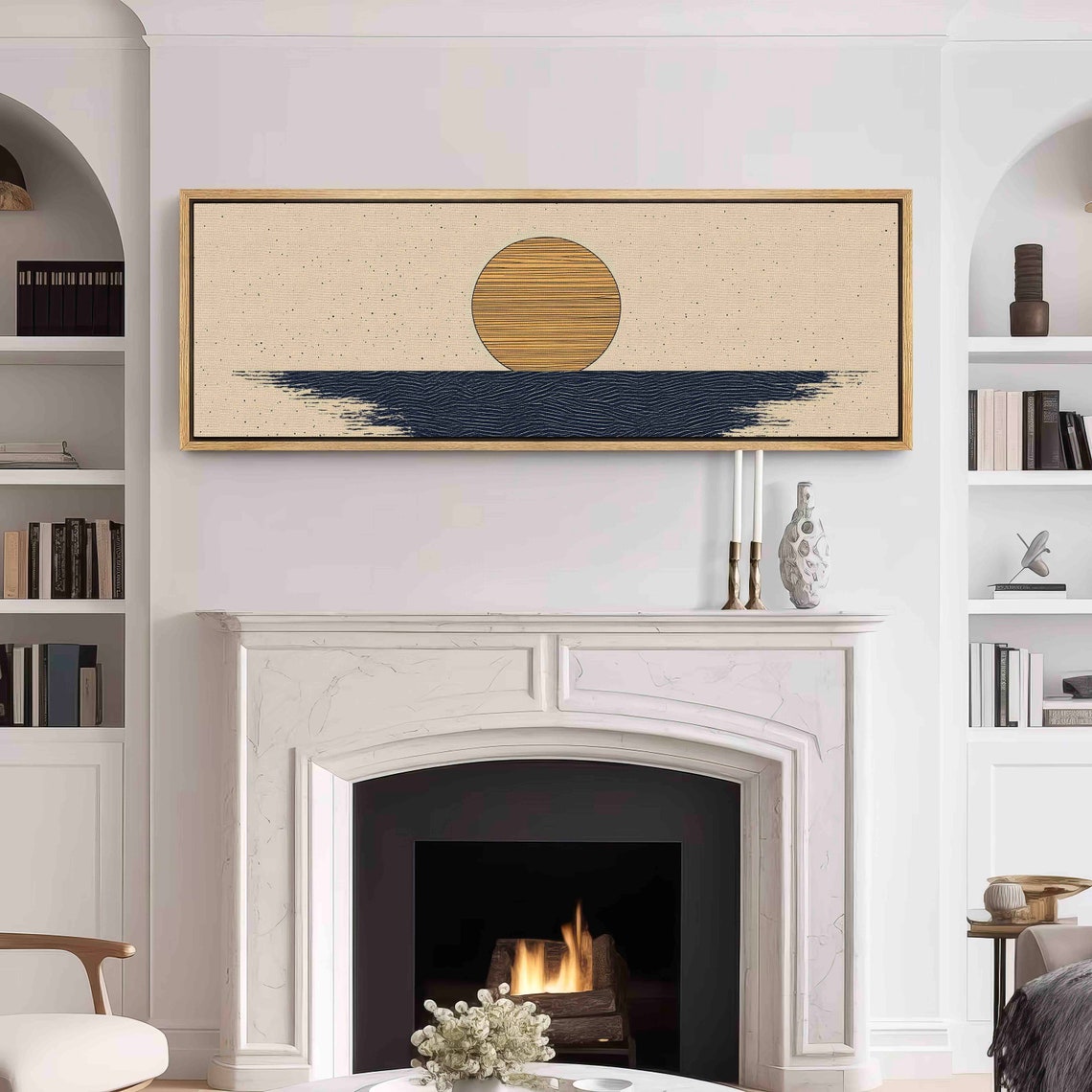 Minimalist Golden Sun Navy Ocean Waves Japandi Boho Sunset Art Print - Image 3