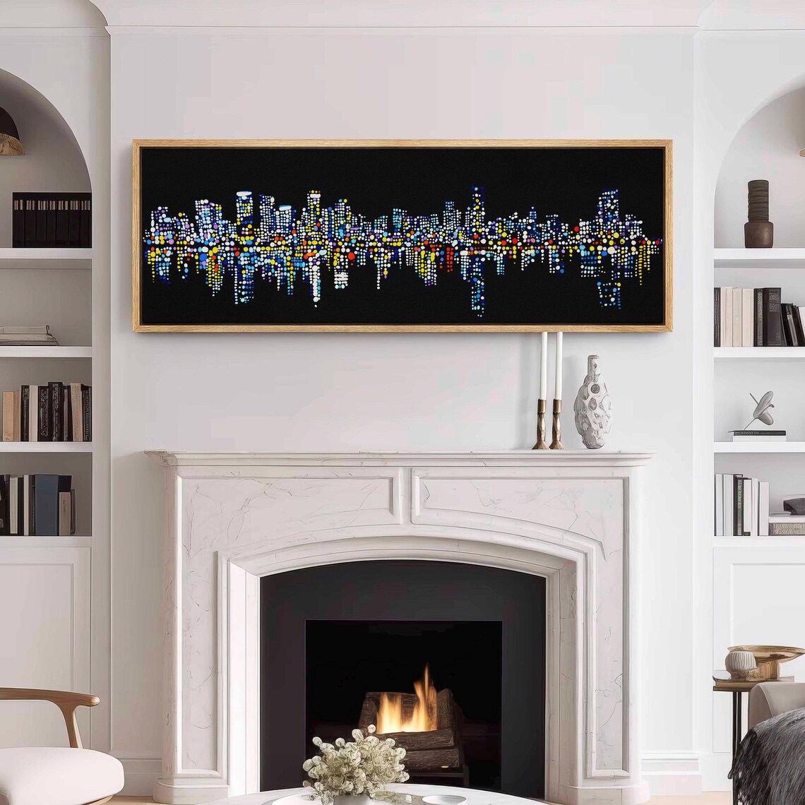 City Skyline Night Made of Colorful Glowing Dots Panoramic Wall Art - Image 3