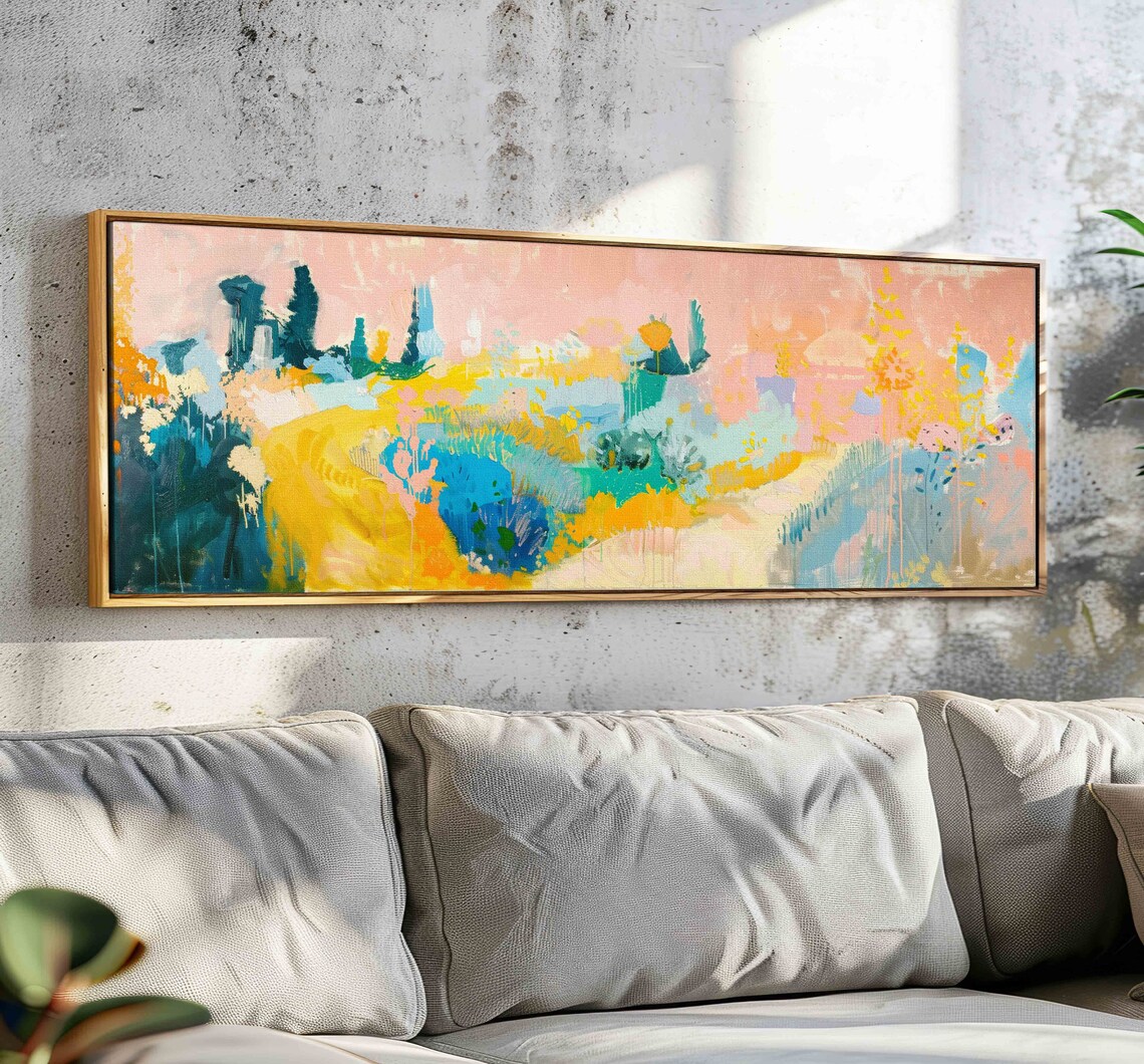 Pastel Peach Pink Abstract Landscape Modern Colorful Painting Wall Art