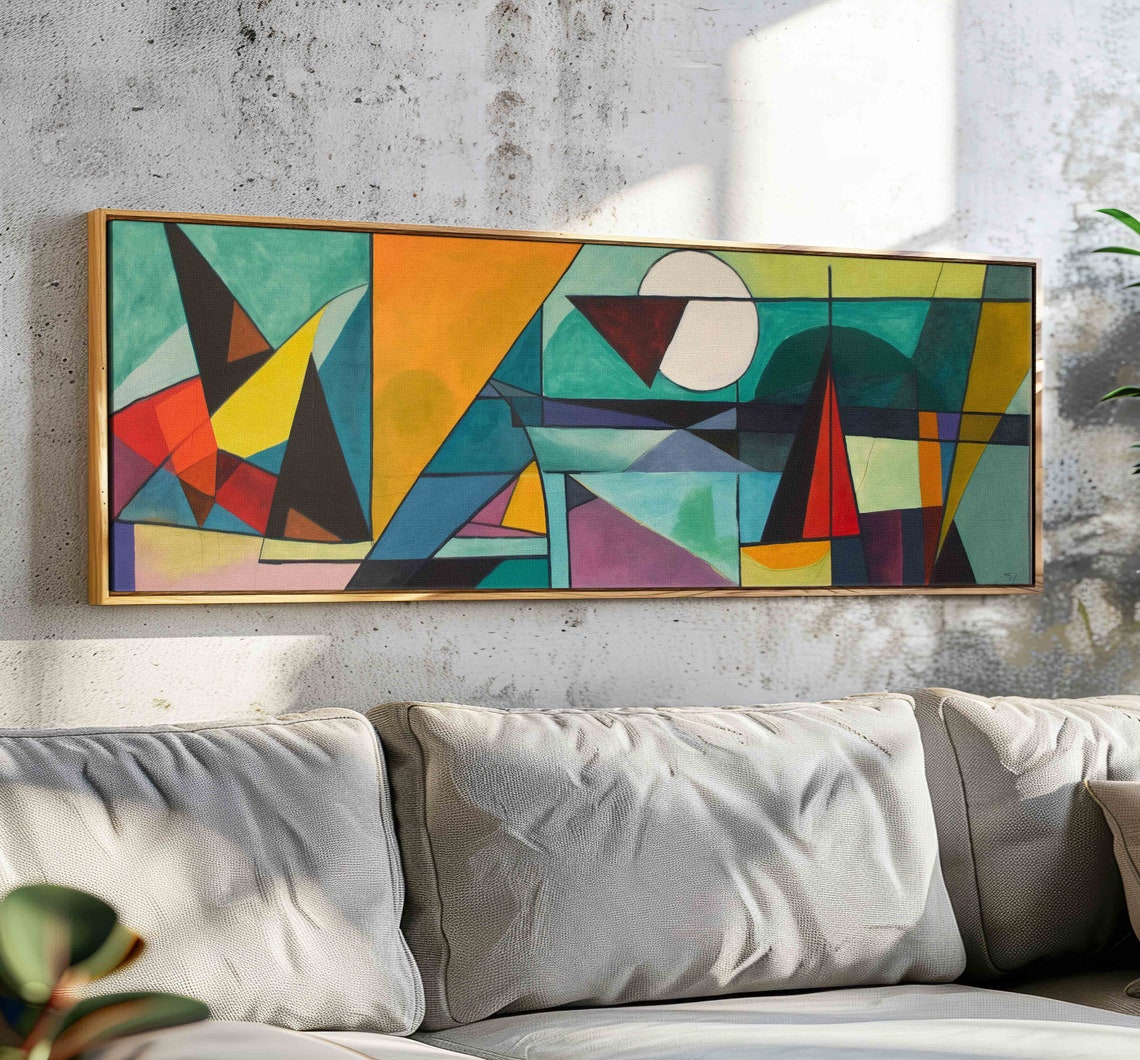 Mid Century Geometric Abstract Teal Orange Triangles Cubist Wall Art
