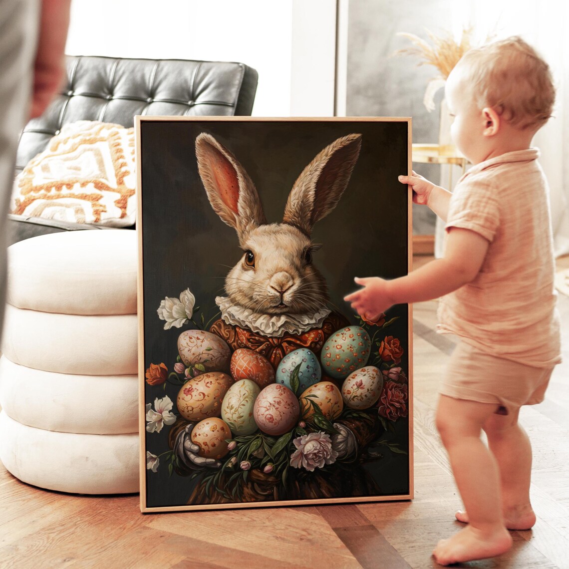 Vintage Baroque Easter Bunny Portrait Decorated Eggs Oil Painting Poster - Image 3