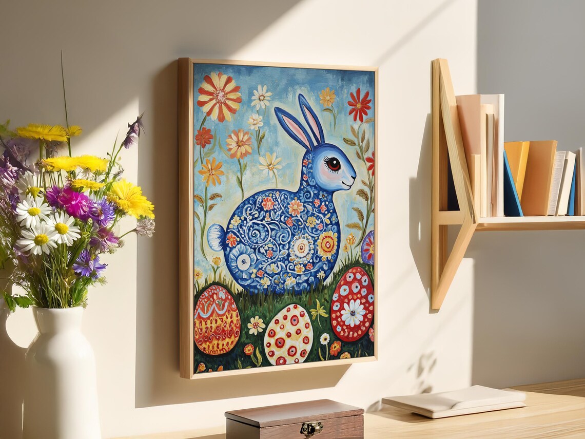 Folk Art Blue Easter Bunny Ornate Flowers Red Painted Eggs Spring Poster - Image 3