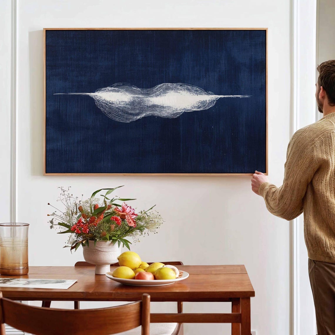 Minimalist White Cloud Burst Deep Navy Blue Abstract Art Poster
