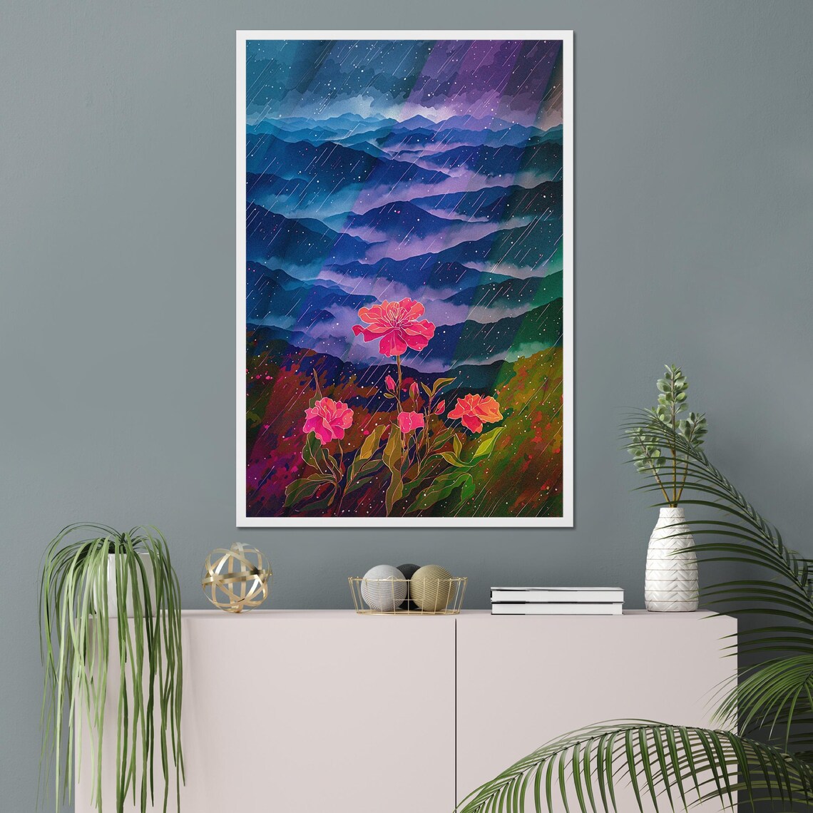 Pink Peonies Blooming in Rain Over Misty Purple Mountains Wall Art