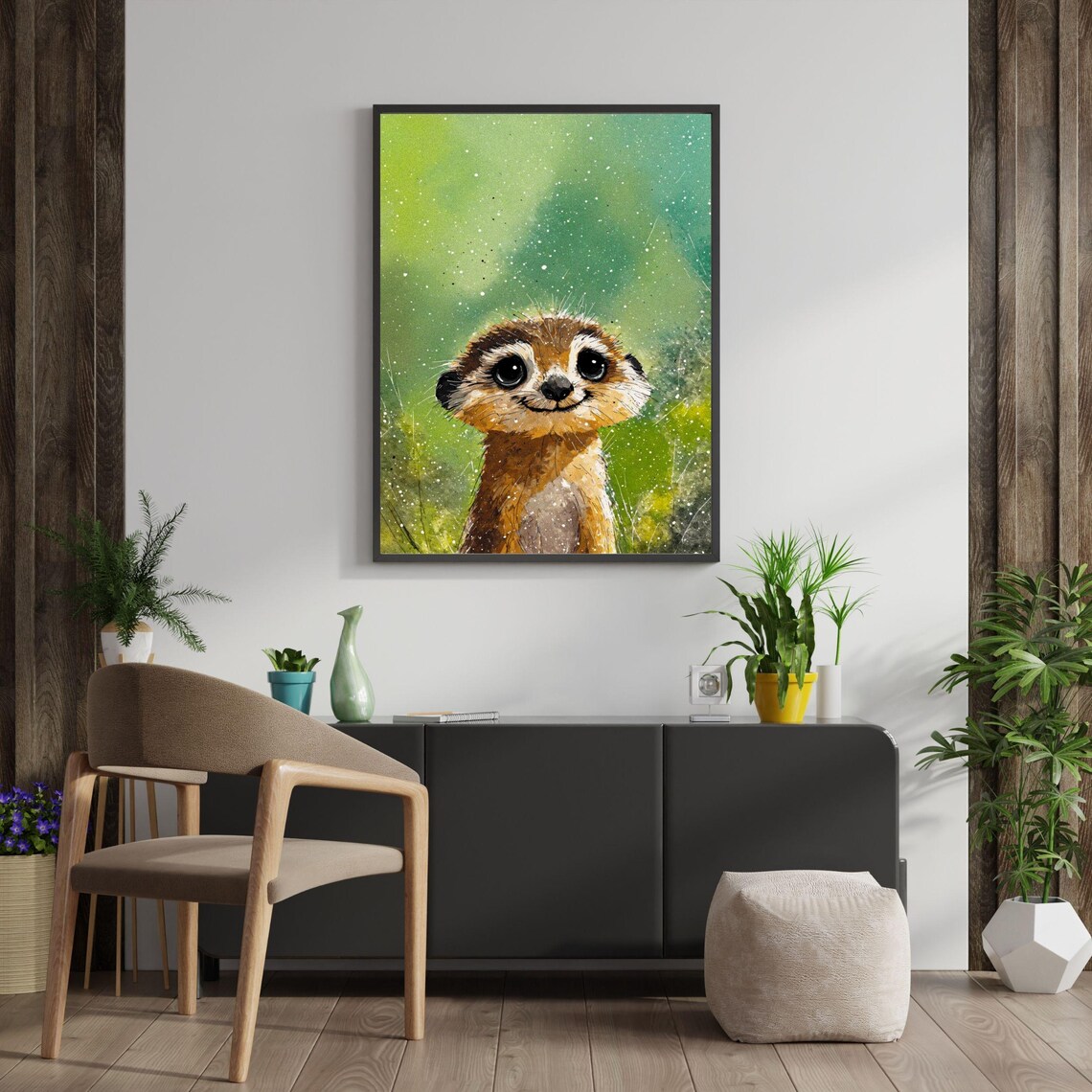 Cute Smiling Baby Meerkat Green Nursery Animal Painting Wall Art - Image 2