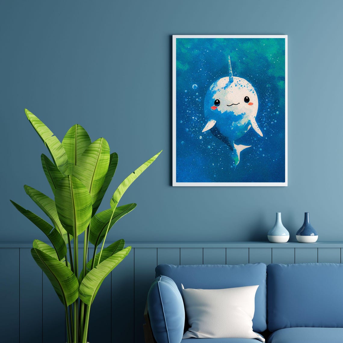 White Baby Narwhal Blue Ocean Nursery Kids Room Animal Wall Art - Image 4