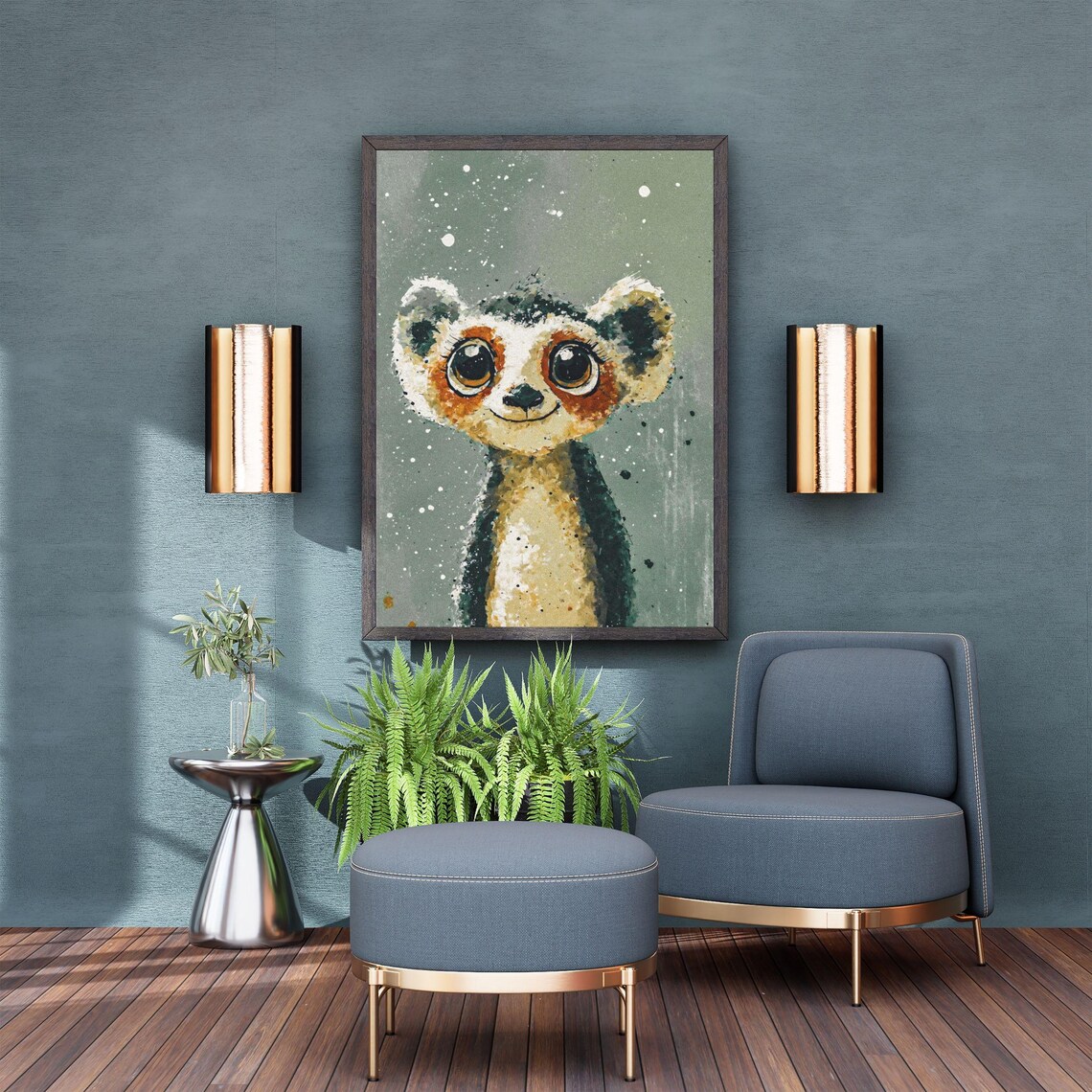 Cute Baby Lemur Gray Splatter Nursery Animal Painting Wall Art - Image 6