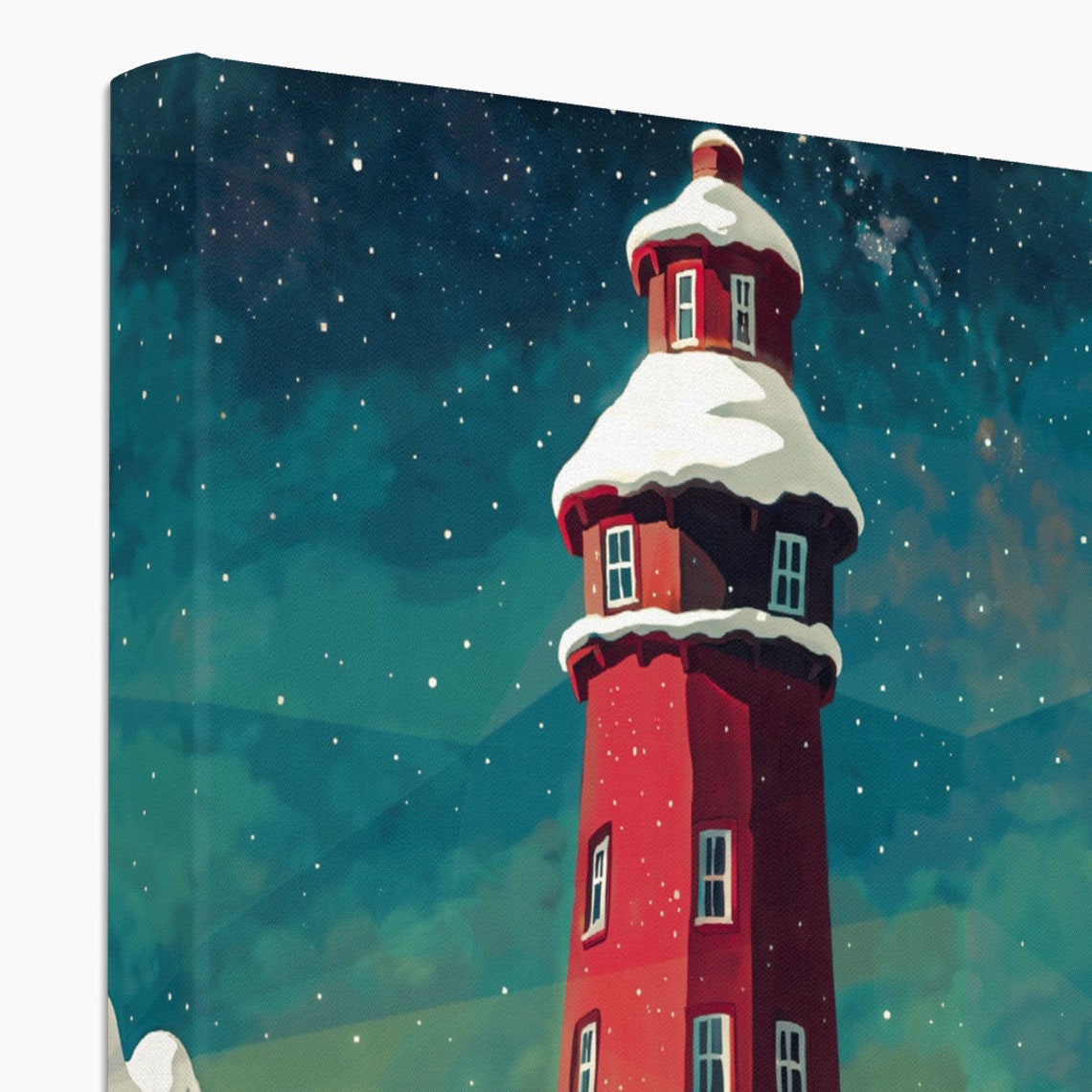 Red Lighthouse Snowy Night Starry Sky Coastal Winter Fantasy Poster - Image 4