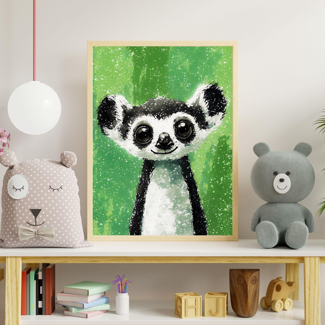 Cute Baby Lemur Big Eyes Green Splatter Nursery Animal Wall Art