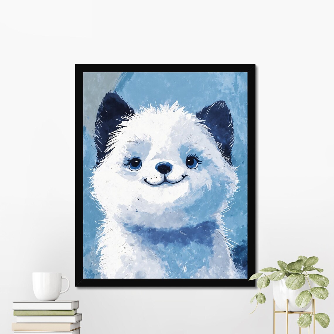 Fluffy White Samoyed Puppy Portrait Blue Background Cute Dog Poster