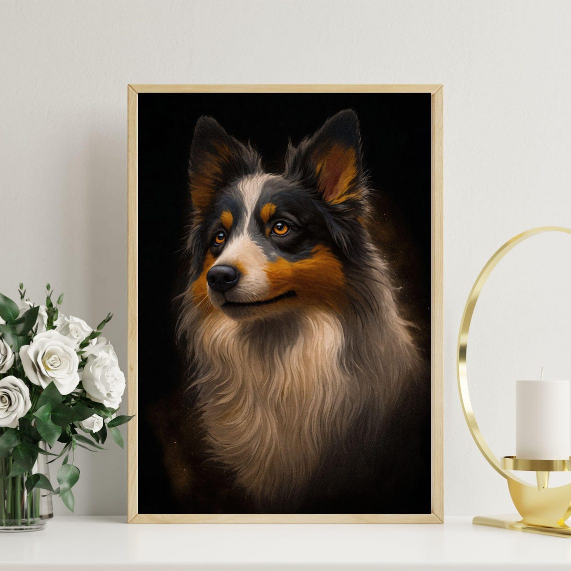 Tri Color Australian Shepherd Portrait Black Background Wall Art