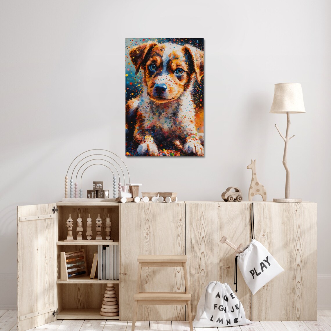 Brown White Puppy Portrait Bright Blue Eyes Speckled Dots Dog Poster - Image 2