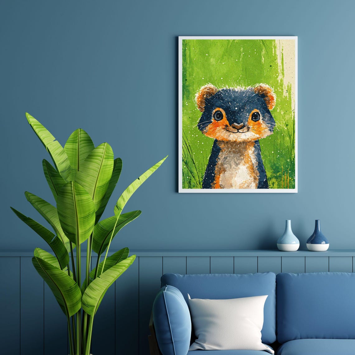 Cute Baby Meerkat Green Splatter Background Nursery Animal Wall Art - Image 4