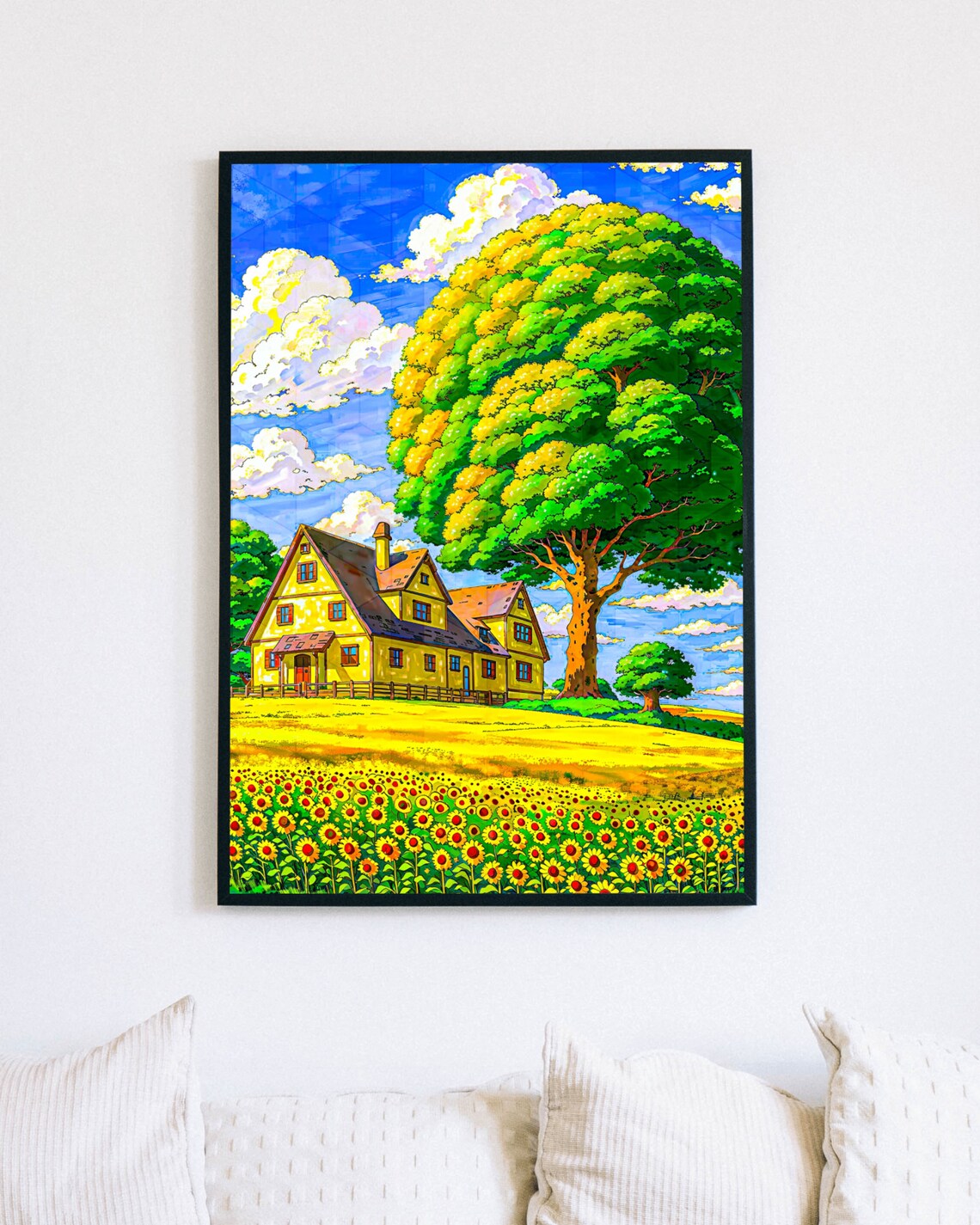 Vibrant Colour Farmhouse Illustration Wall Art Colorful Anime Style House Prints Sunflowers Field Happy Summer Day Poster Art For Kids - Image 4