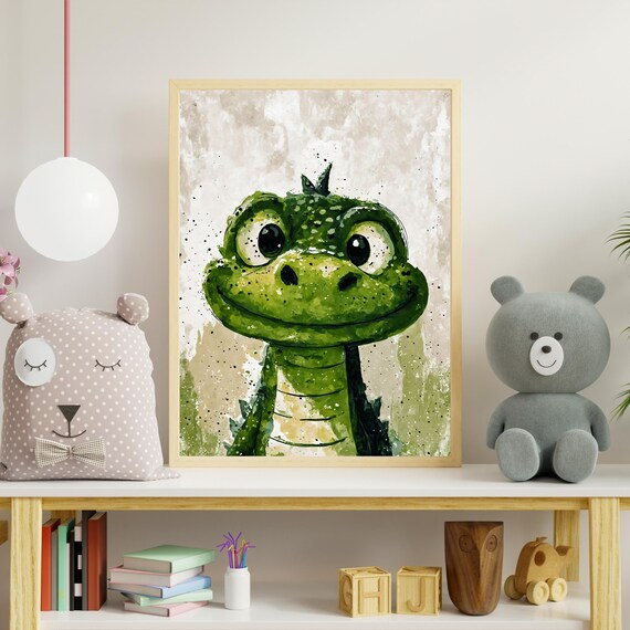 Cute Baby Alligator Watercolor Portrait Smiling Green Reptile Art Print