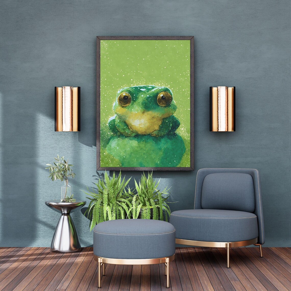 Bright Green Baby Frog Watercolor Portrait Golden Eyes Nursery Art Print - Image 3