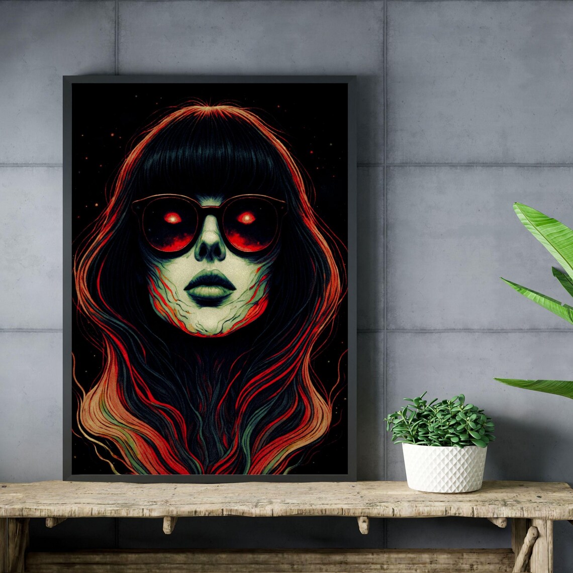 Zombie Glam Portrait Iridescent Skin Red Glow Sunglasses Gothic Art Print - Image 4