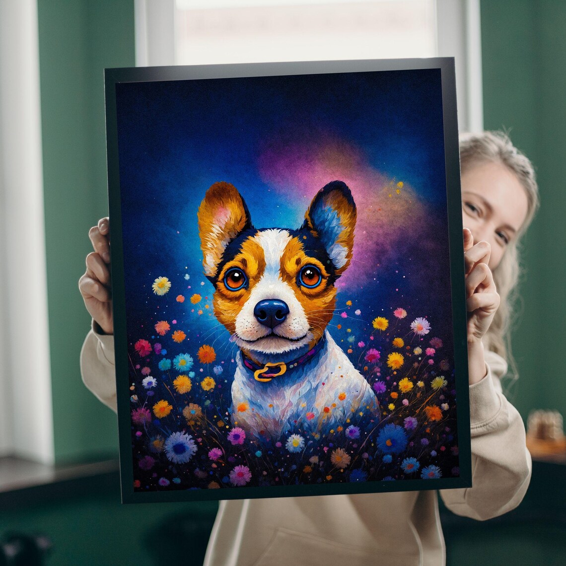 Whimsical Tricolor Puppy Among Wildflowers Starry Night Wall Art