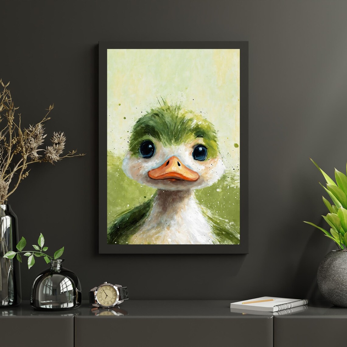 Cute Green Duckling Big Eyes Watercolor Nursery Kids Art Print - Image 3