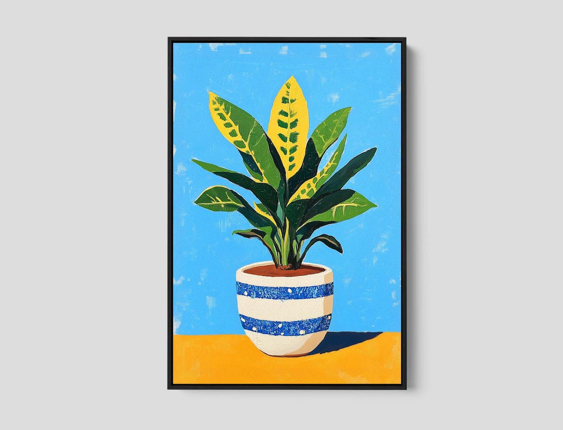 Potted Croton Plant Blue Background Modern Botanical Still Life Poster