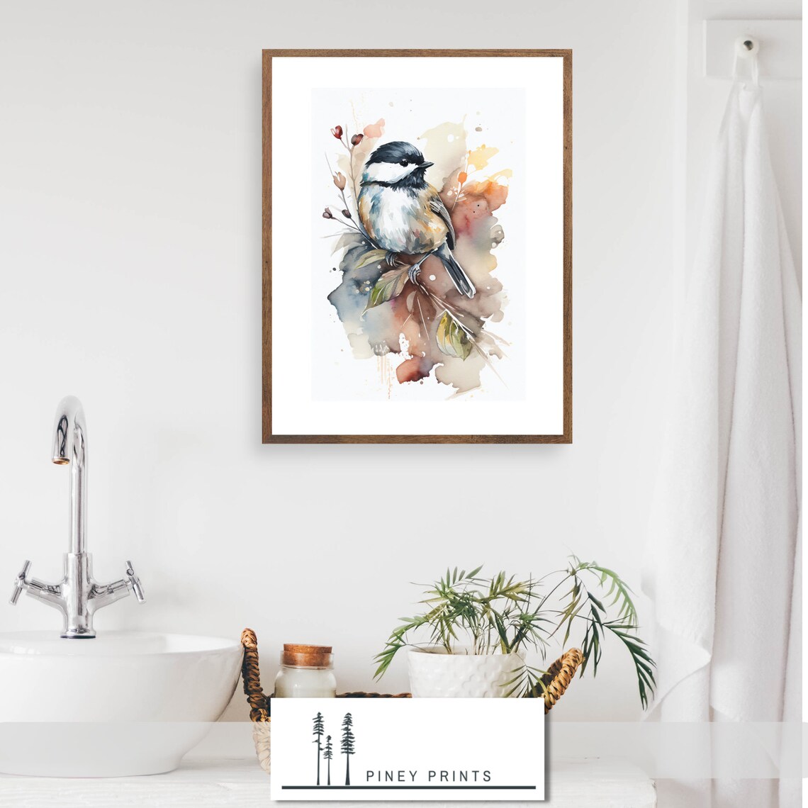 Watercolor Chickadee on Branch Autumn Songbird Floral Art Painting Poster - Image 3