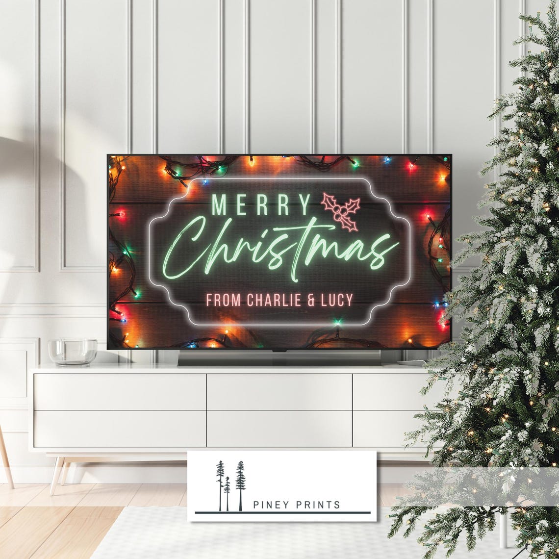 Merry Christmas Custom Family Name Neon Holiday TV Frame Poster - Image 2