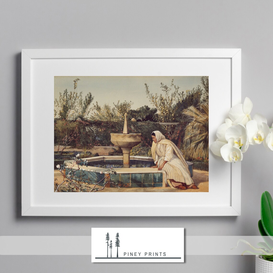 Woman Resting By Stone Fountain In Lush Walled Garden Painting Poster - Image 3