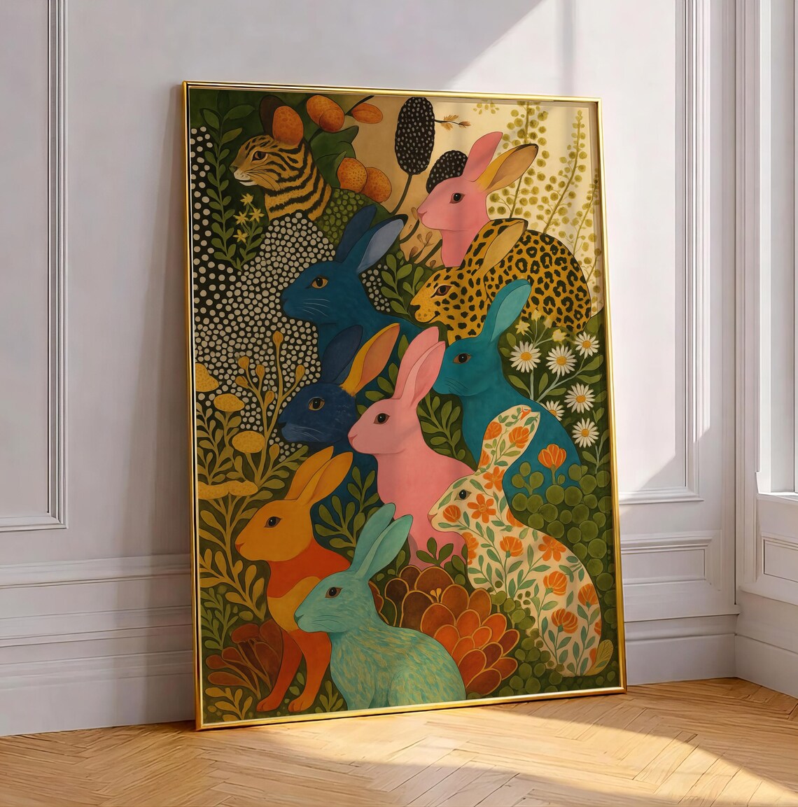 Abstract Botanical Rabbit, Kitsch Boho Painting