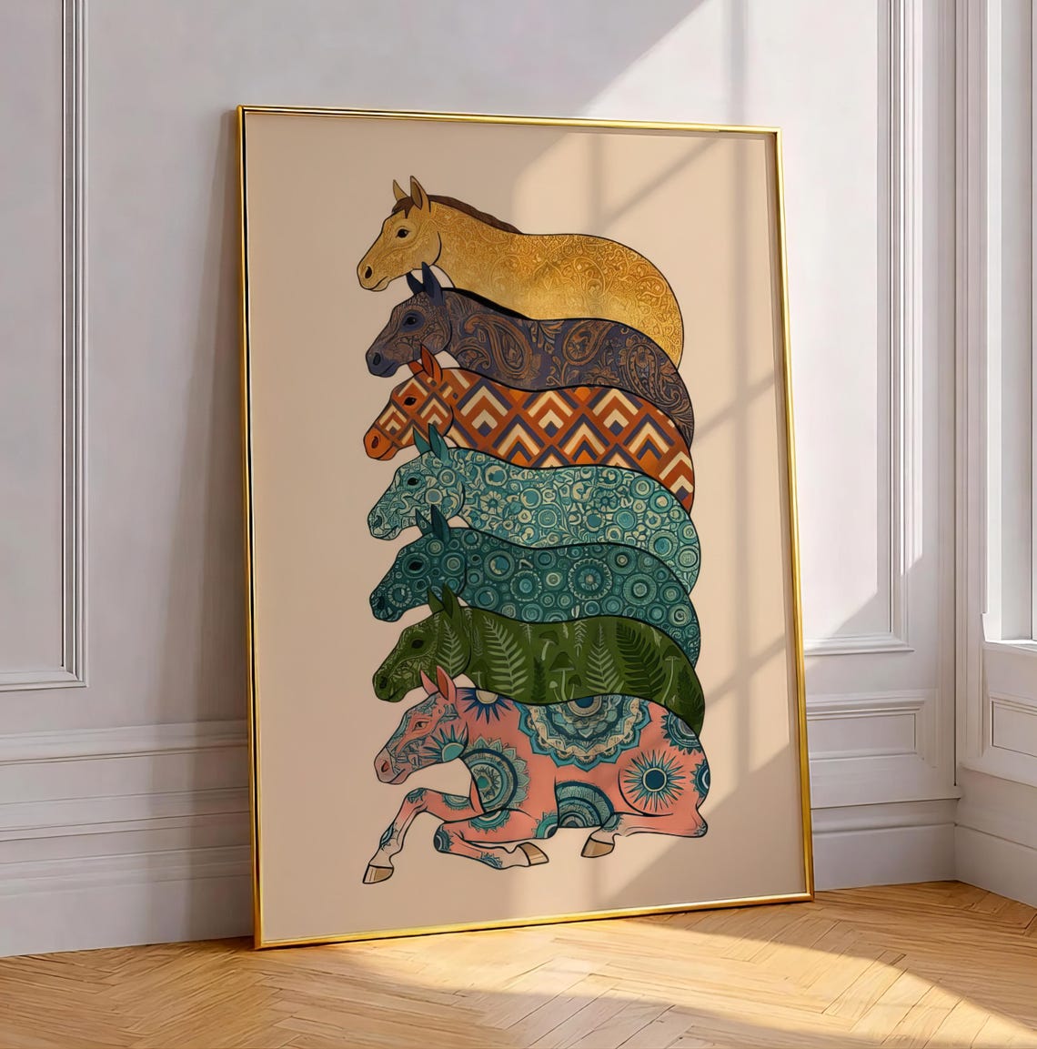 Stack Of Seven Patterned Horses Colorful Boho Equestrian Poster