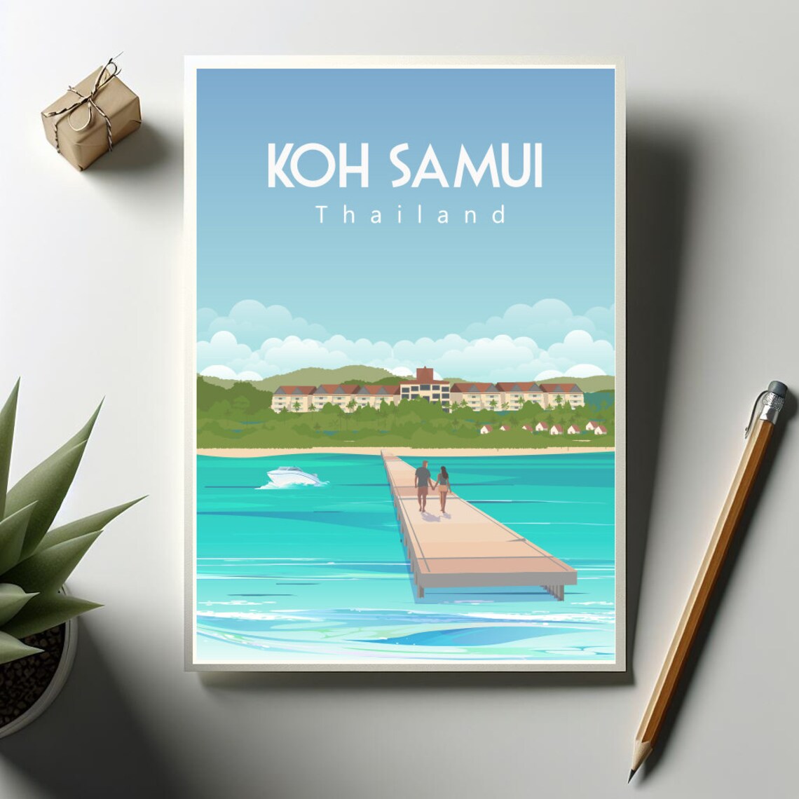 Koh Samui Thailand Travel Poster Pier Couple Speedboat Resort Scene - Image 3