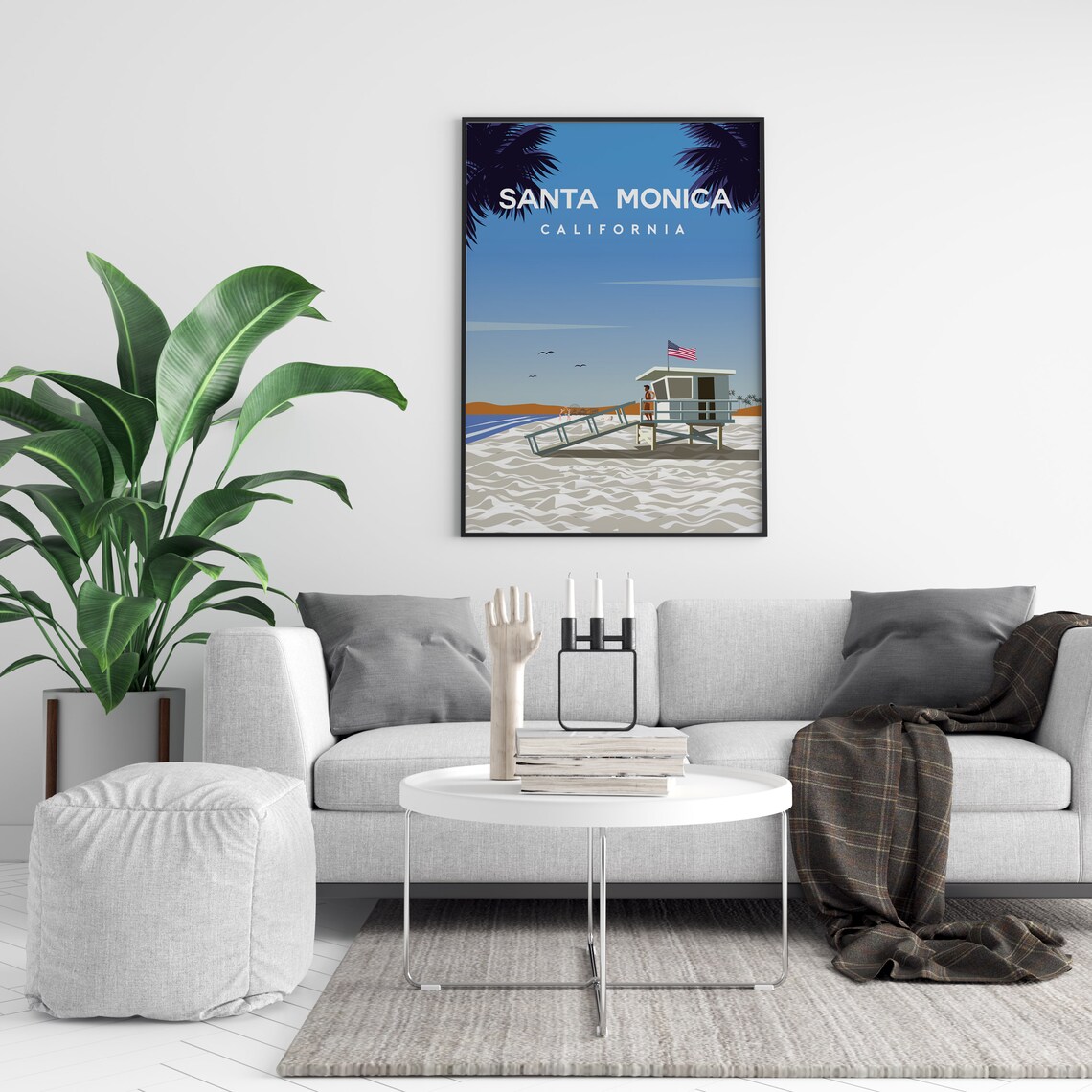 Santa Monica California Lifeguard Tower Beach Flag Travel Poster - Image 2