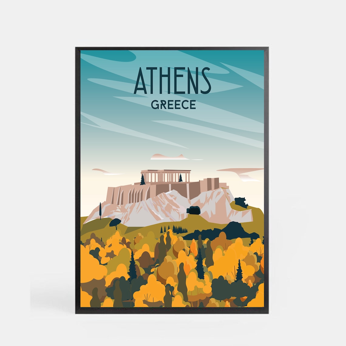 Athens Greece Acropolis Parthenon Autumn Trees Vintage Travel Poster