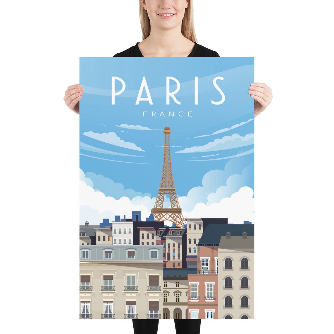 Paris France Eiffel Tower Above Rooftops Blue Sky Travel Poster - Image 2