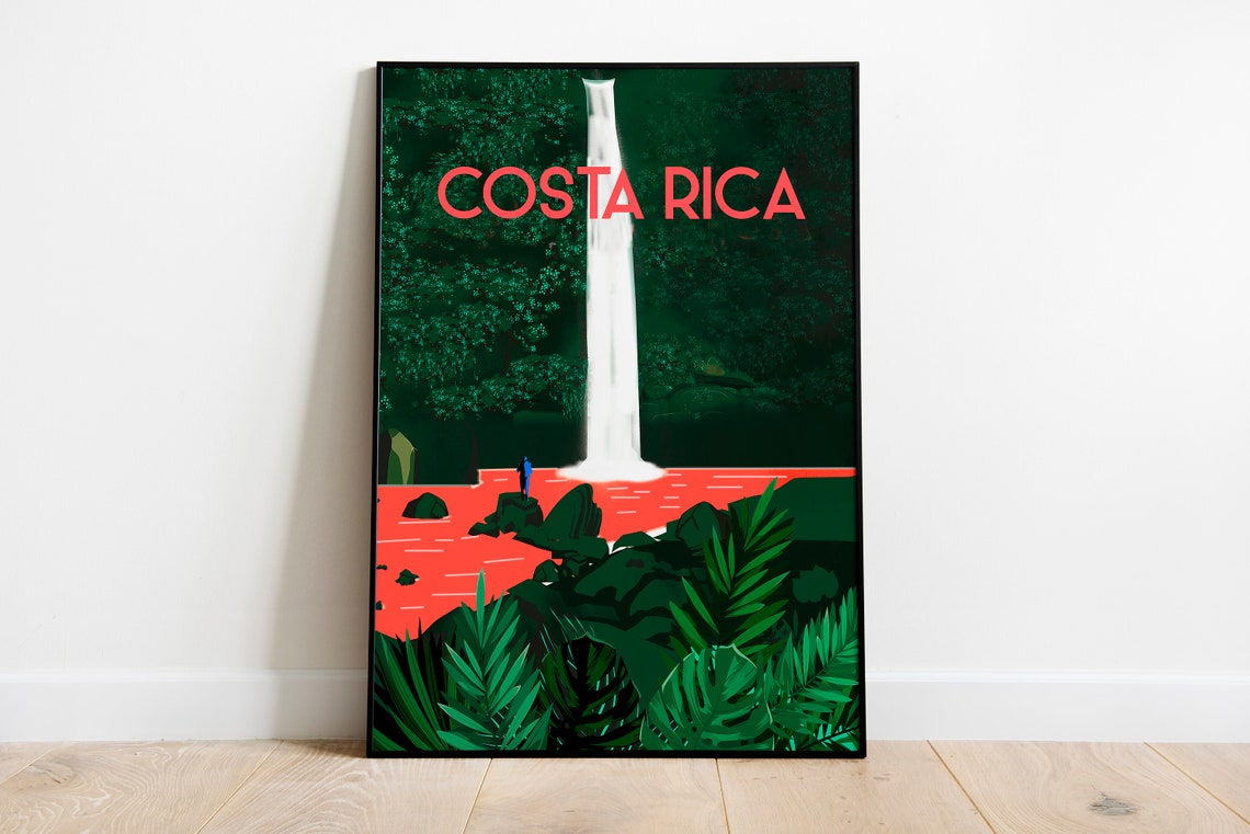 Costa Rica Travel Poster Jungle Waterfall Tropical Forest Scene