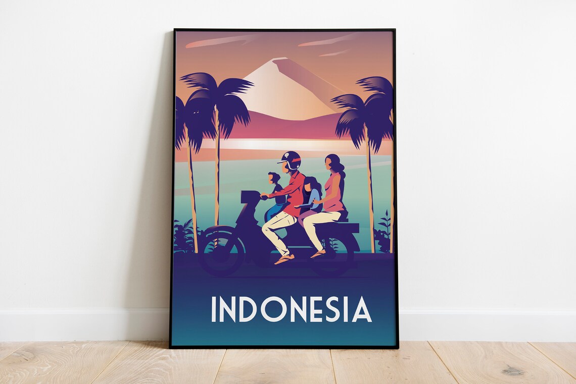 Indonesia Family Scooter Sunset Palm Trees Tropical Travel Poster