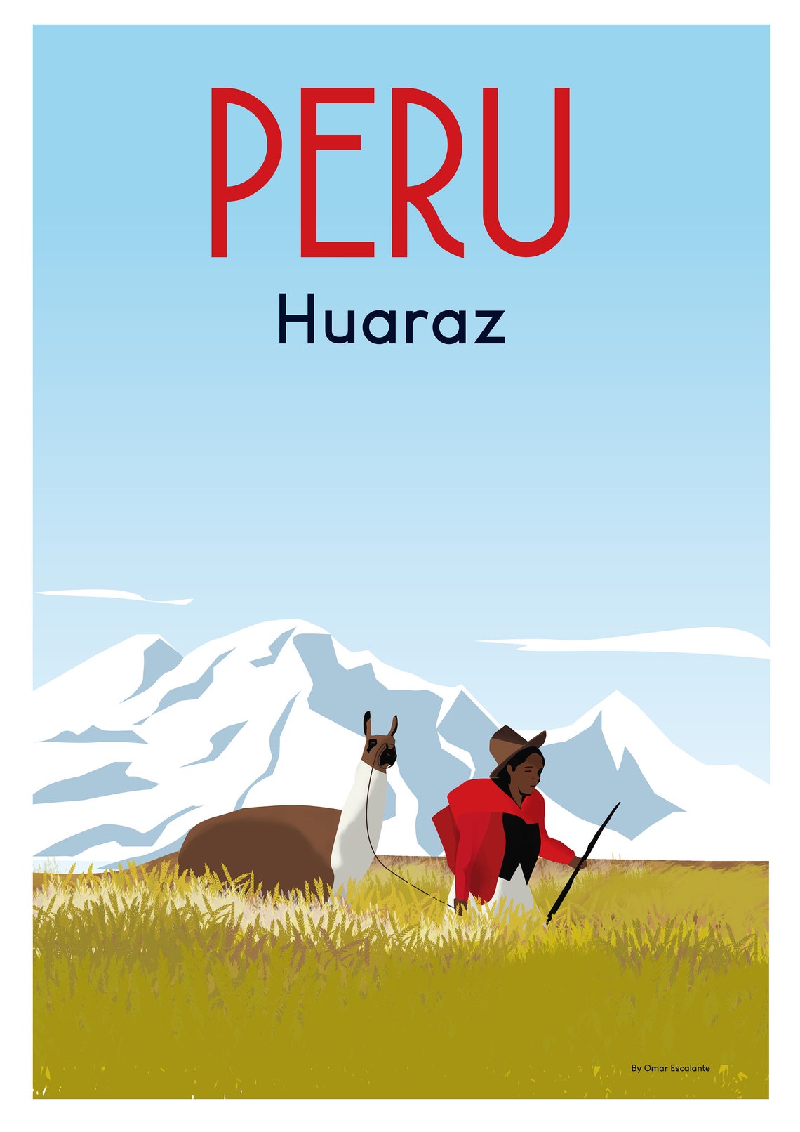 Peru Huaraz Andes Shepherd Llama Snowy Peaks Mountains Poster - Image 2