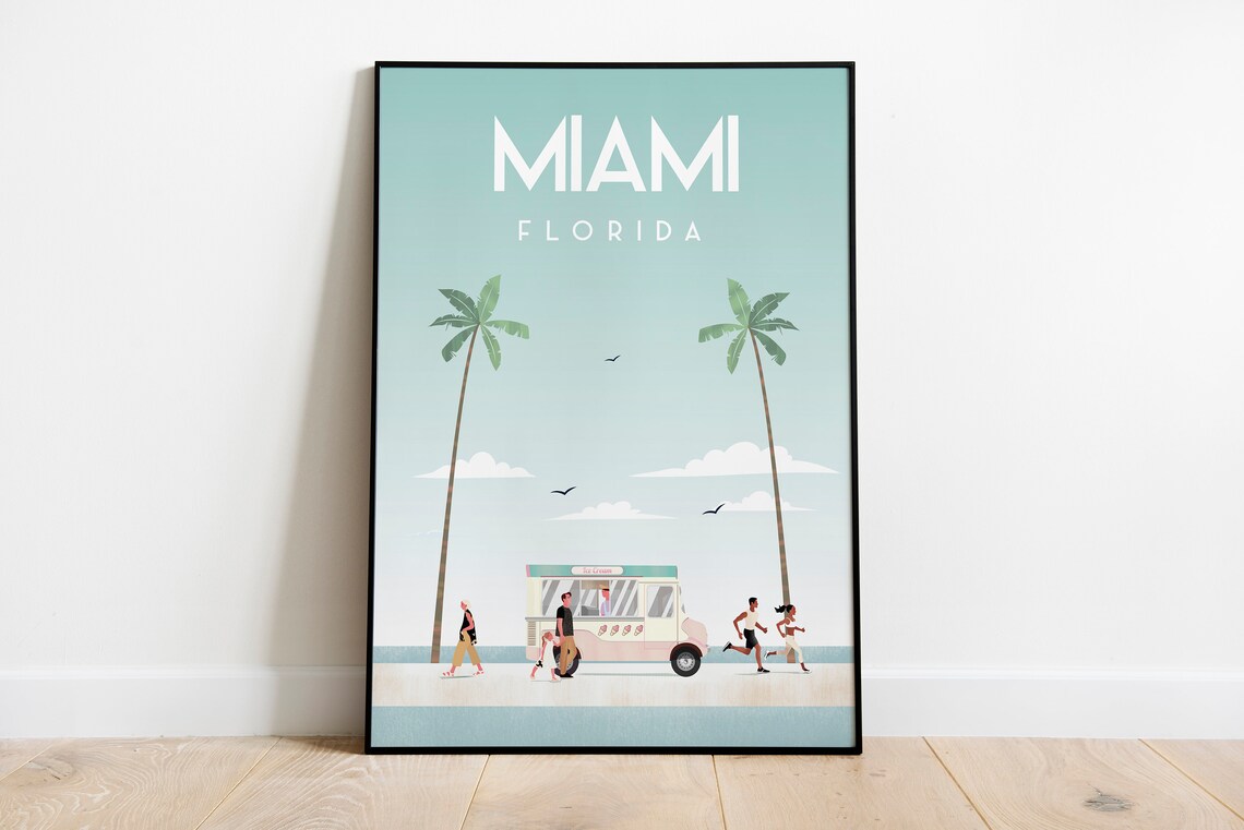Miami Travel Poster South Beach Vintage Retro Poster Travel Poster Sizes Inches 8x10 12x16 12x18 16x20 18x24 24x36