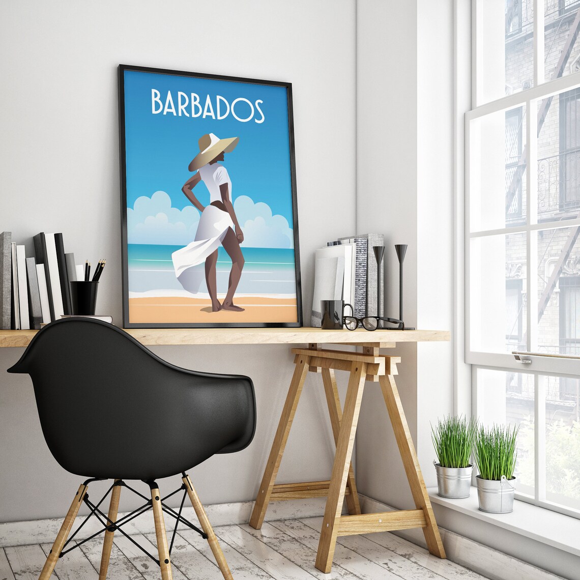 Barbados Island Caribbean Woman Sunhat Beach Retro Travel Poster - Image 2