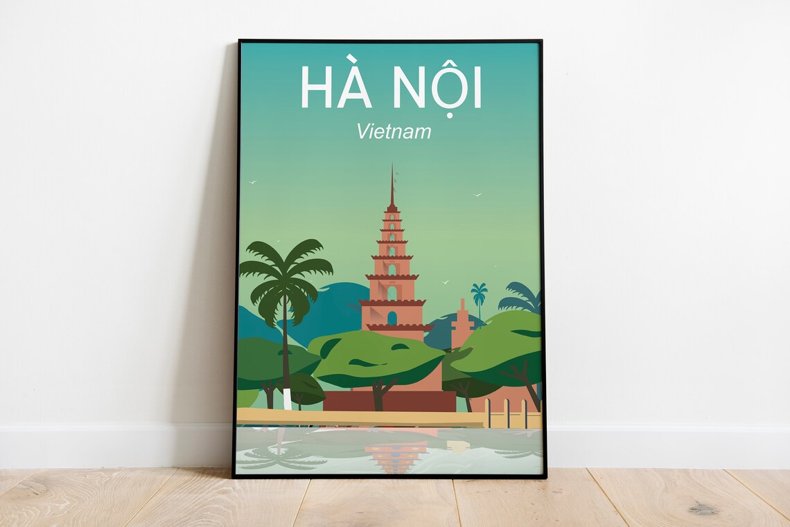 Hanoi Vietnam Pagoda Lake Reflection Illustration Travel Poster