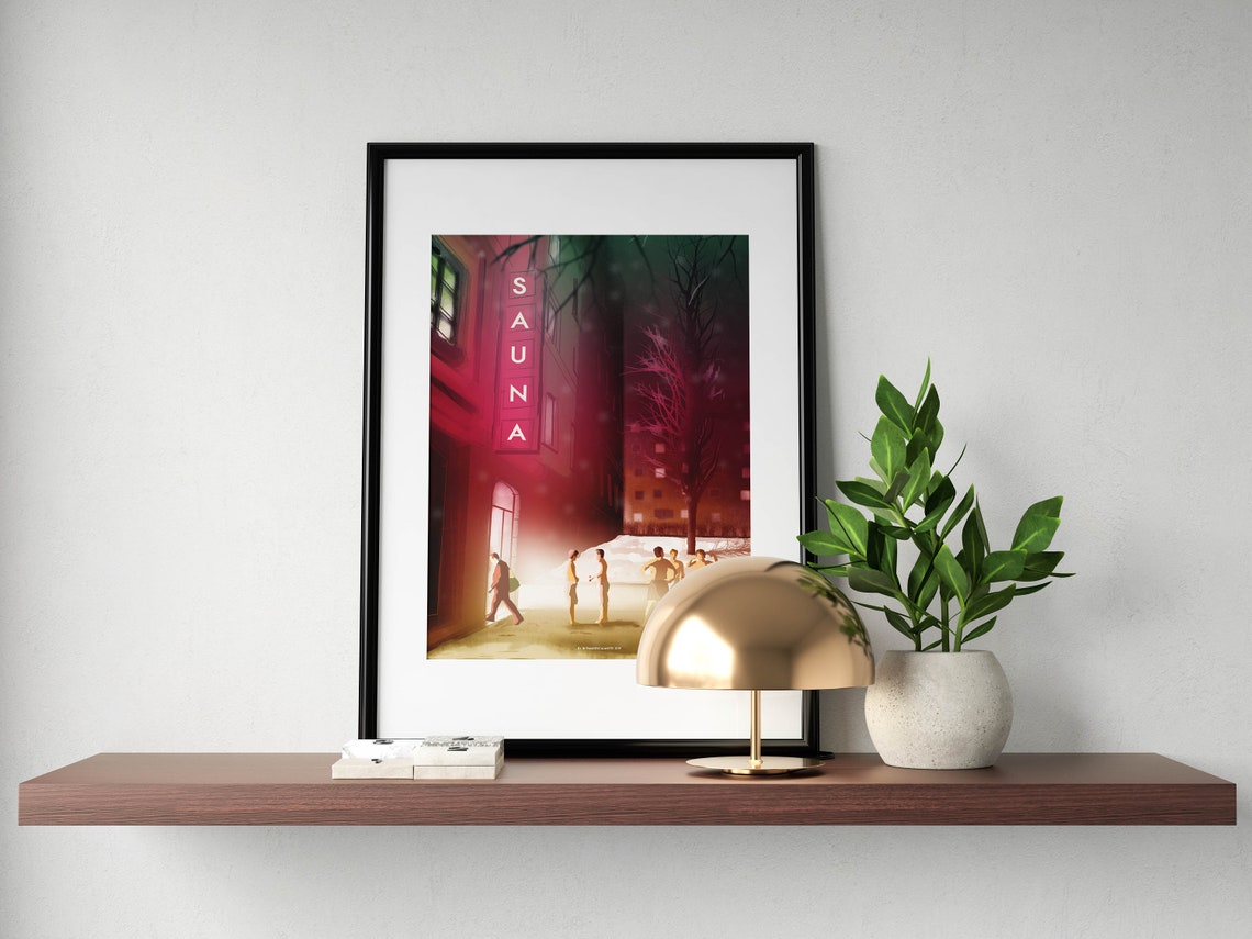 Finland Sauna Night Snow Towel Bathers Red Neon Vintage Poster - Image 2