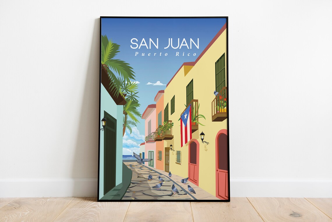 San Juan Puerto Rico Travel Poster Old Town Cobblestone Street